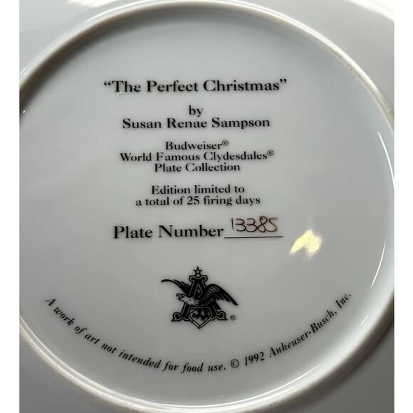 Budweiser Clydesdales Collector Plate 1992 The Perfect Christmas Numbered 13385 - Picture 3 of 5
